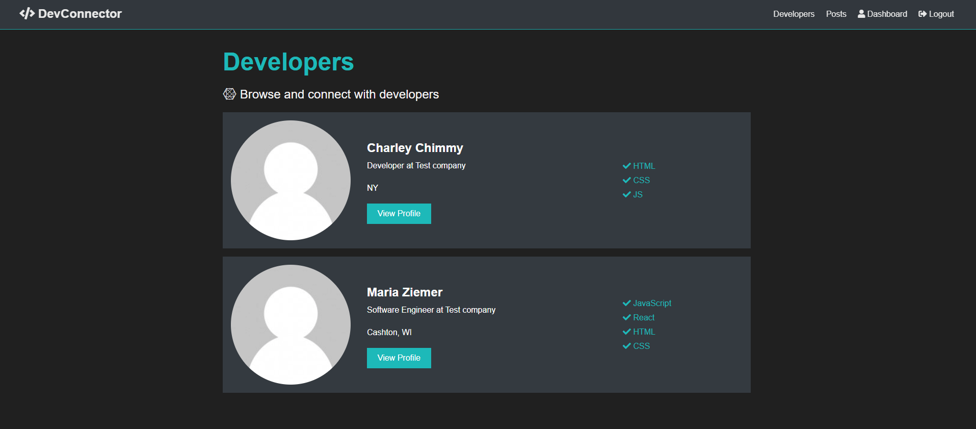 mern stack profiles page
