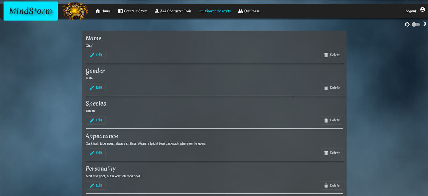 mindstorm's character trait's page